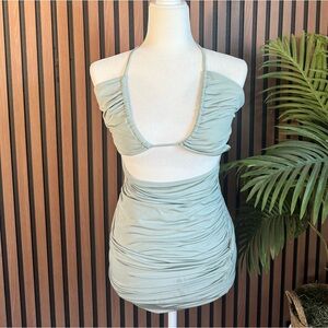 Sage Green Ruched Halter Dress